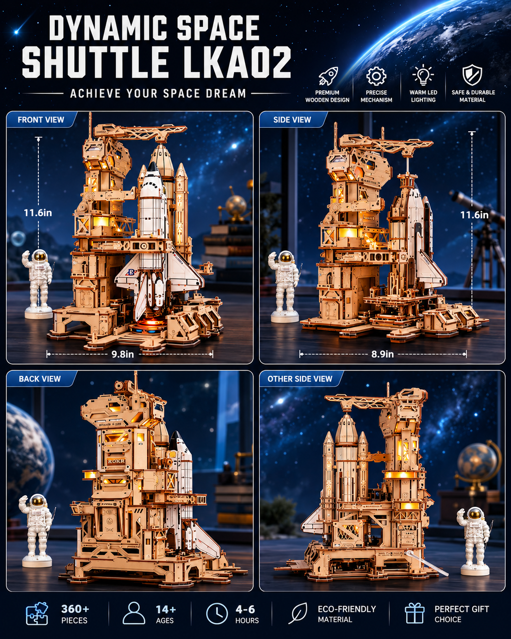 ROKR Space Shuttle 3D Wooden Puzzle with Interactive LED Launch Sequence