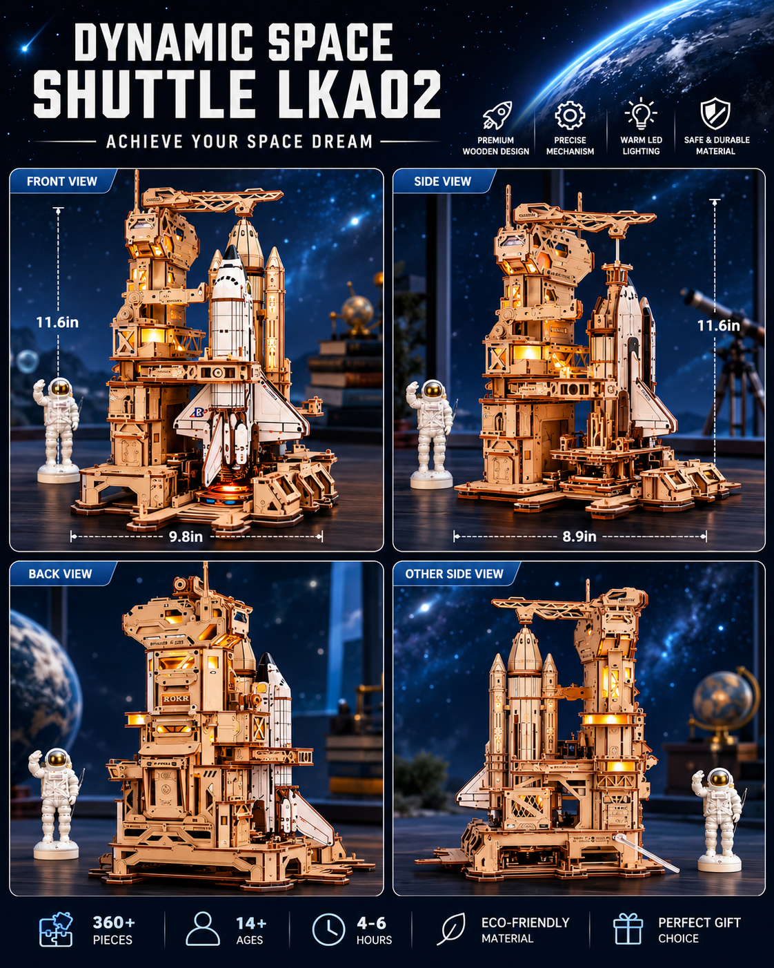 ROKR Space Shuttle 3D Wooden Puzzle with Interactive LED Launch Sequence