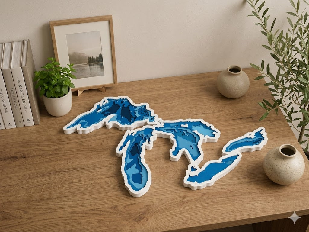 Great Lakes Layered Wall Art – 3D Printed Michigan Lake Map Decor