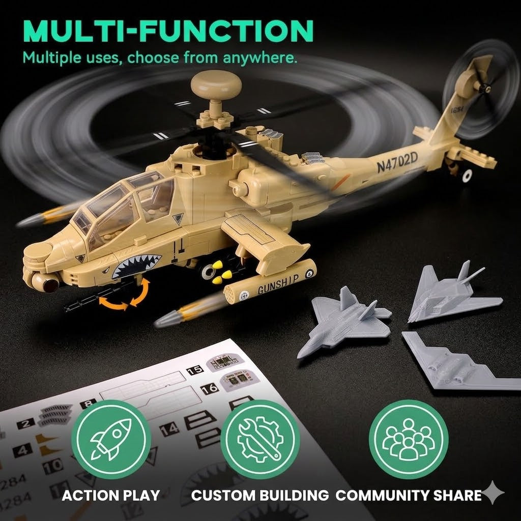 H-64 Apache Military Helicopter Building Set – 223 Piece Model Kit