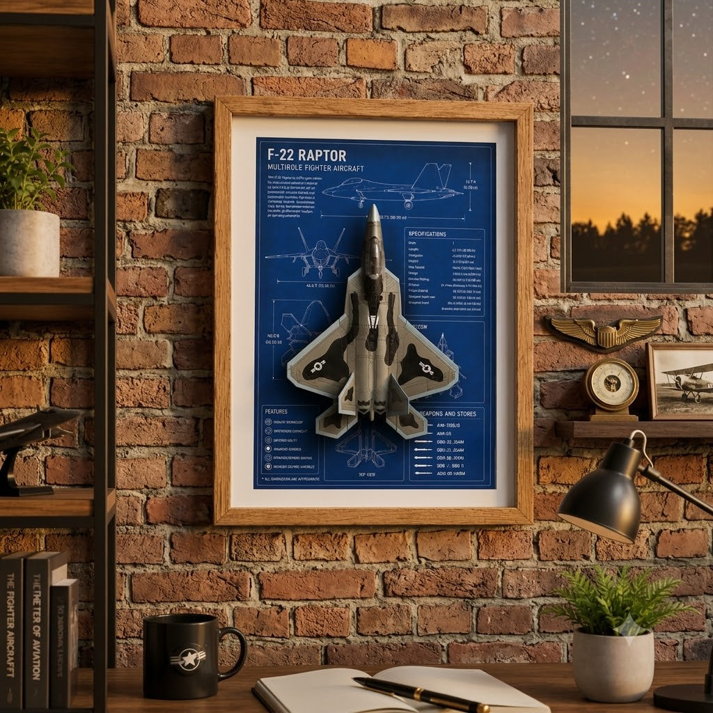 F-22 Raptor 3D Aircraft Shadow Box Frame – Fighter Jet Blueprint Wall Art