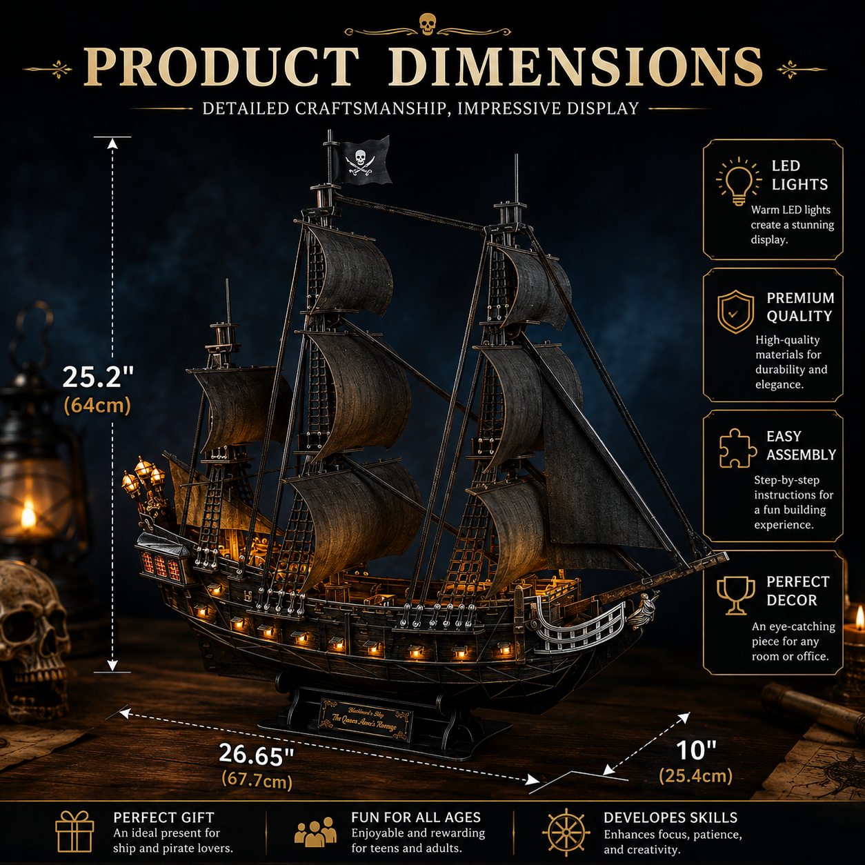 CubicFun Queen Anne's Revenge 3D Pirate Ship Puzzle with LED Lights – 340 Pieces