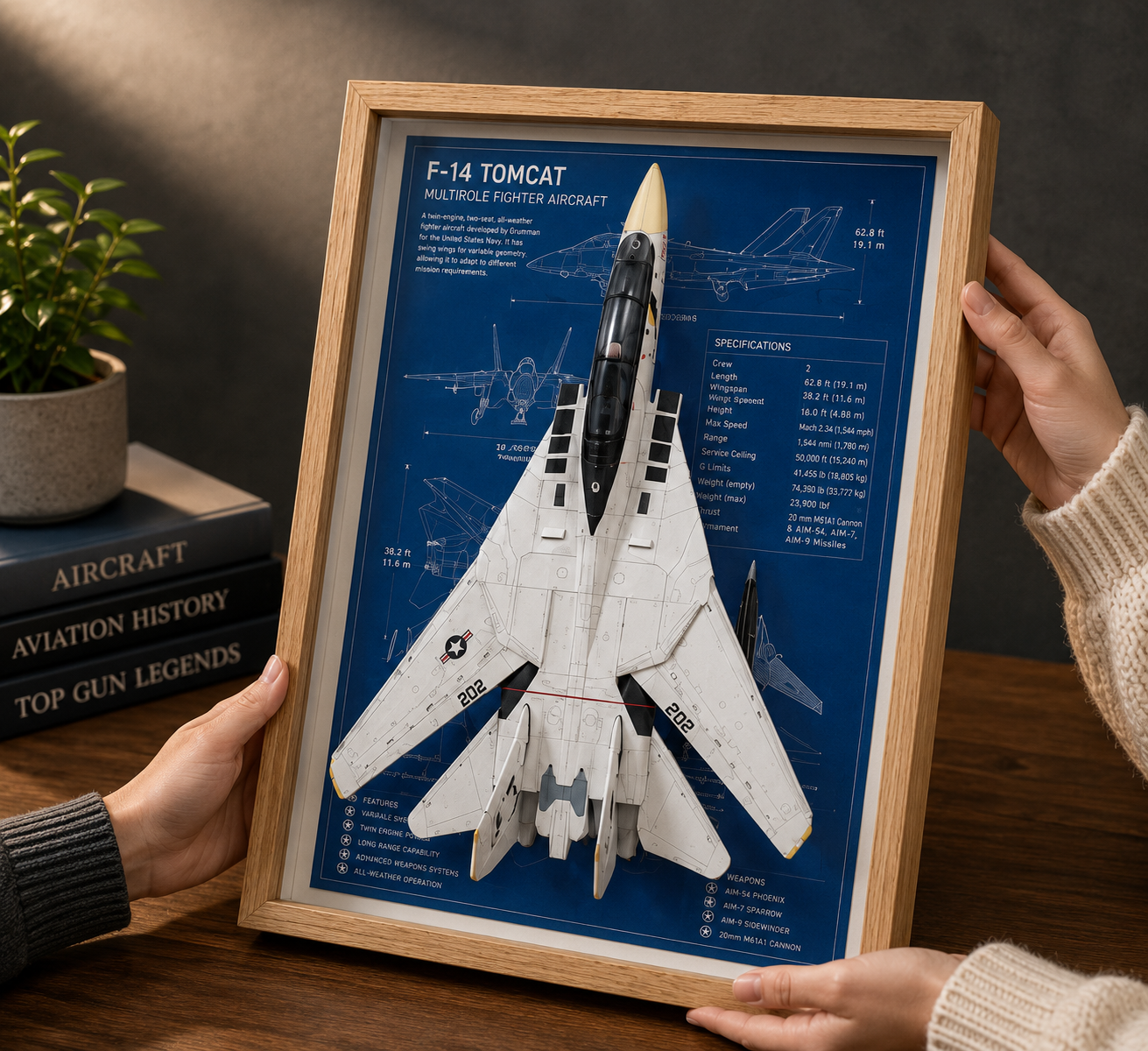 F-14 Tomcat 3D Aircraft Shadow Box Frame – Fighter Jet Blueprint Wall Art