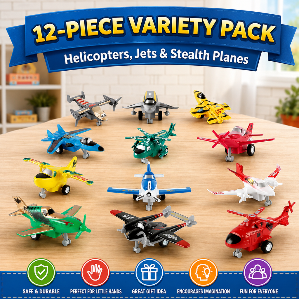 12 Pack Pull Back Airplane Toy Set – Fighter Jets, Helicopters & Aircraft