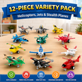 12 Pack Pull Back Airplane Toy Set – Fighter Jets, Helicopters & Aircraft