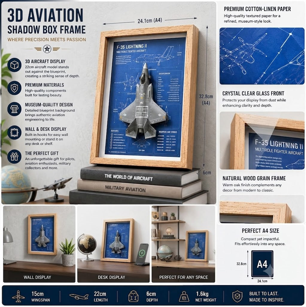 F-35 Lightning II 3D Aircraft Shadow Box Frame – Fighter Jet Blueprint Wall Art