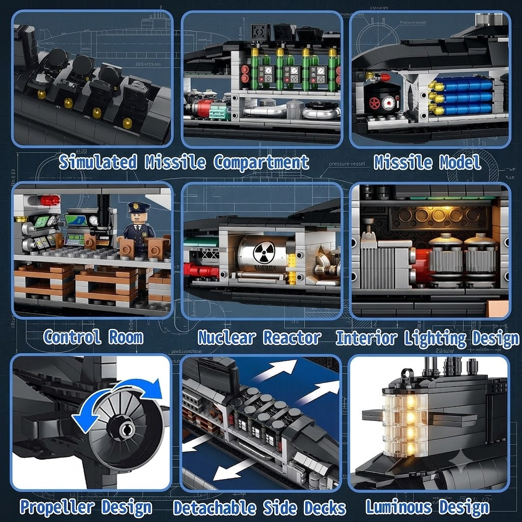 Nuclear Submarine Building Block Set with Lights – 1,498 Pieces