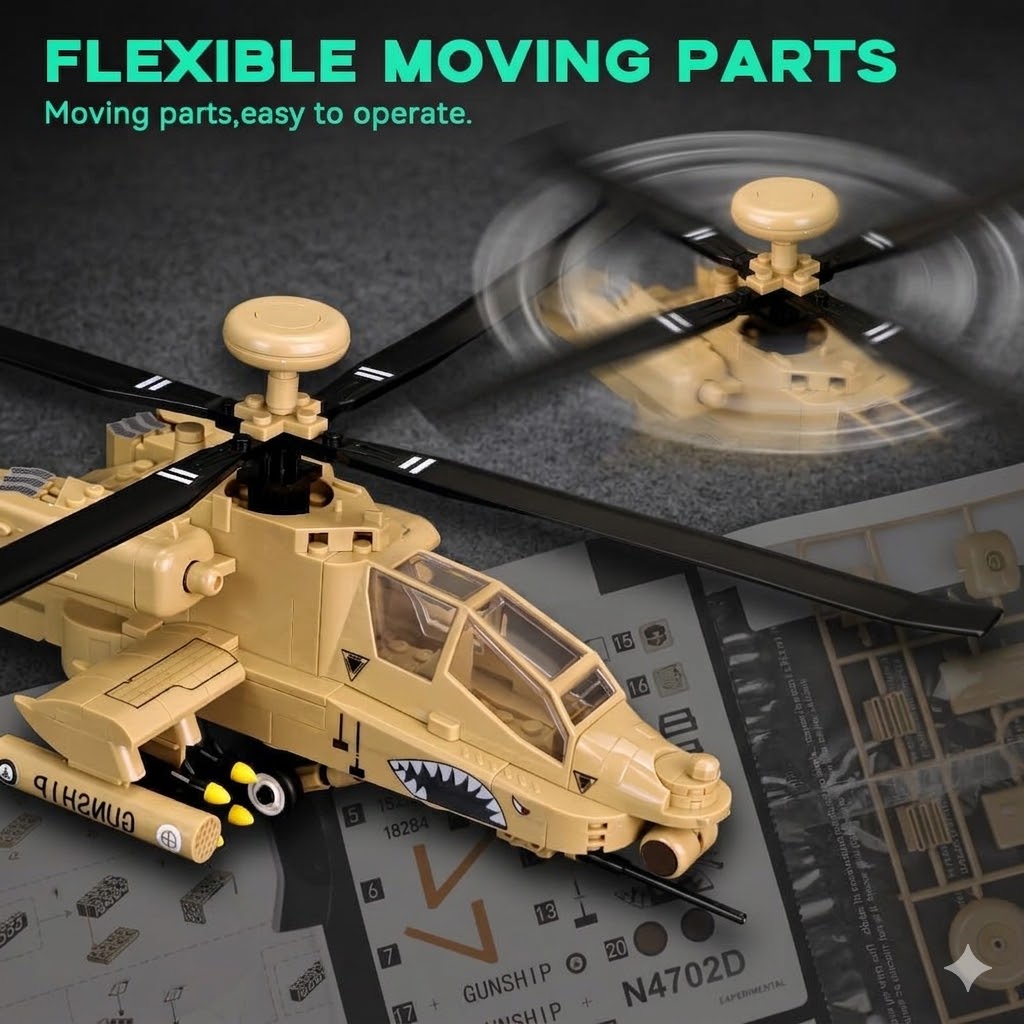H-64 Apache Military Helicopter Building Set – 223 Piece Model Kit