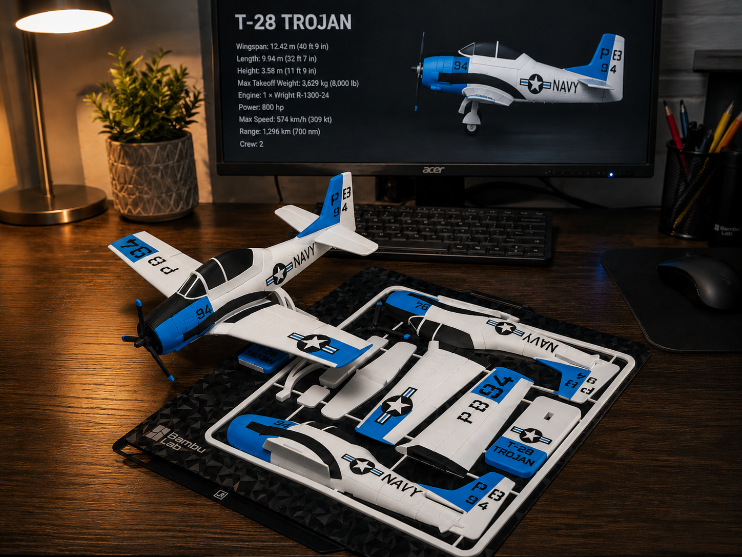 T-28 Trojan Navy Kit Card 3D Printed Aircraft Model Kit | Snap Fit Desk Display | DIY Plane Gift