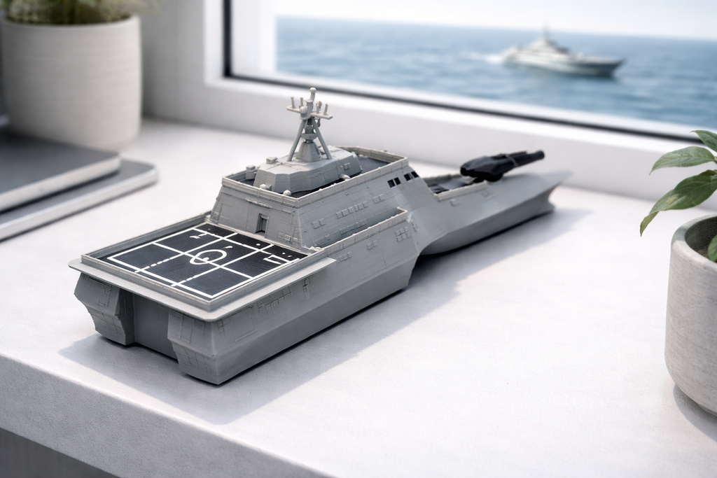 USS Littoral Combat Ship 3D Printed Display Model – Rotating Gun Naval Warship Decor