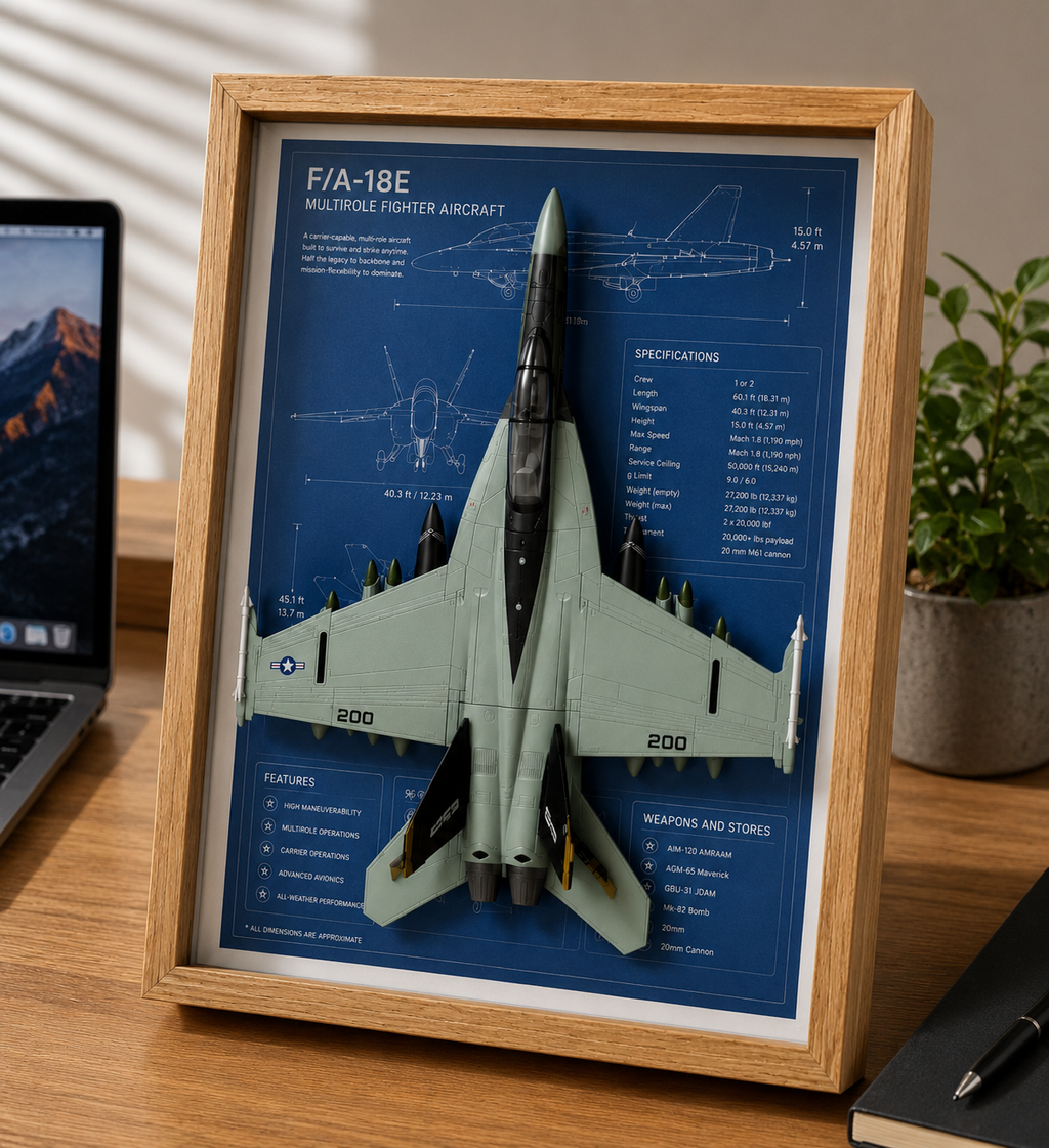 F-18 Hornet 3D Aircraft Shadow Box Frame – Fighter Jet Blueprint Wall Art