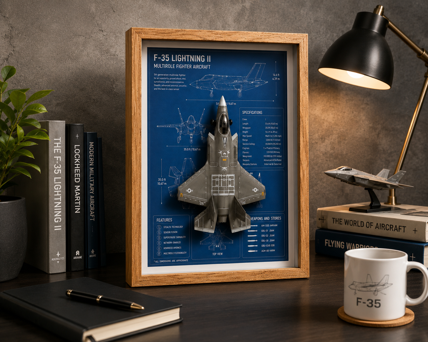 F-35 Lightning II 3D Aircraft Shadow Box Frame – Fighter Jet Blueprint Wall Art