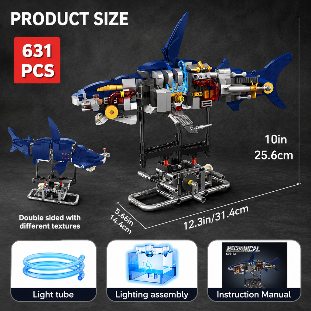 Mechanical Shark Building Block Set with LED Lights – 631 Pieces