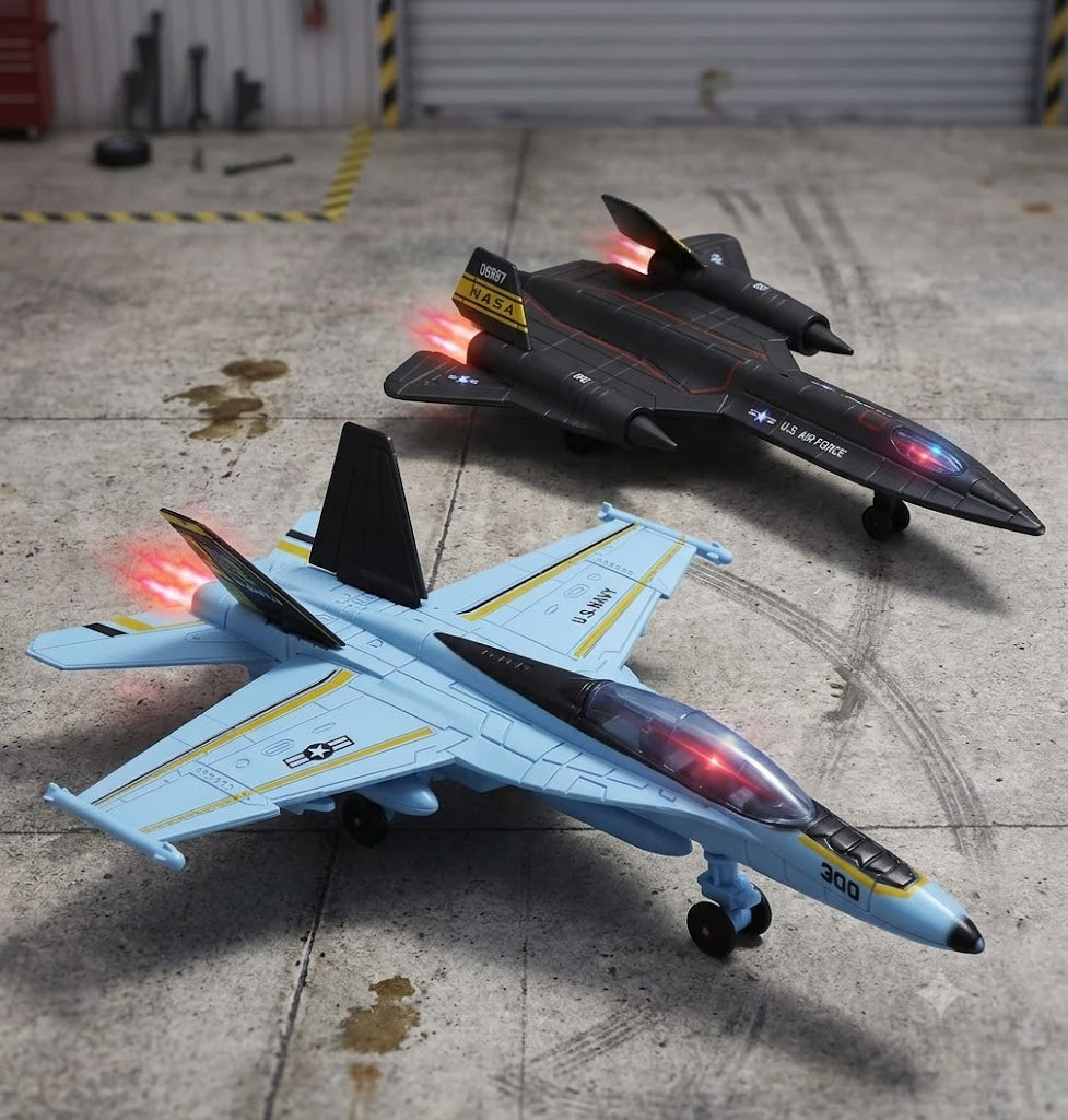 Toy Fighter Jets F-18 & SR-71 2-Pack Die-Cast Pull Back Airplane Set with Lights & Sounds