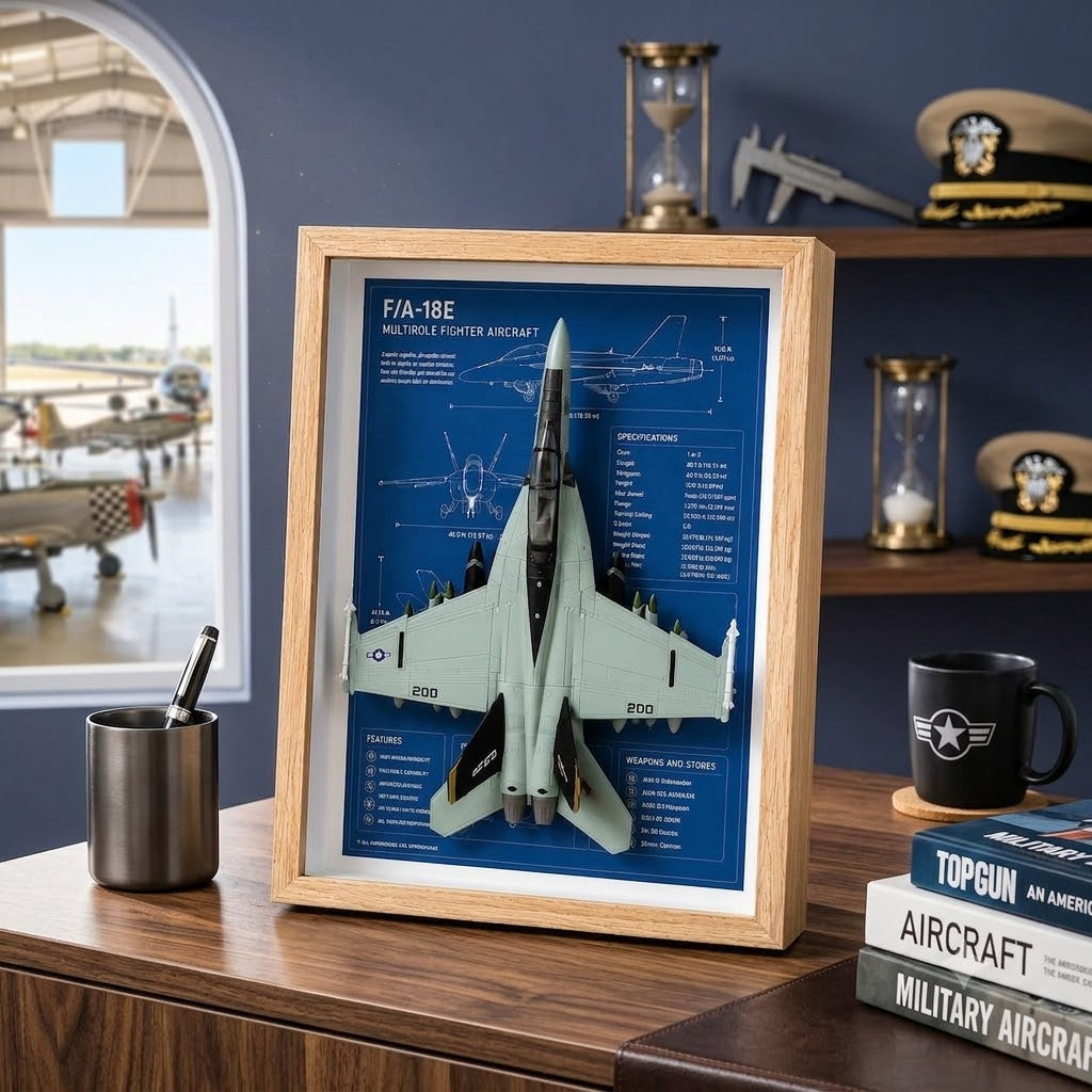 F-18 Hornet 3D Aircraft Shadow Box Frame – Fighter Jet Blueprint Wall Art