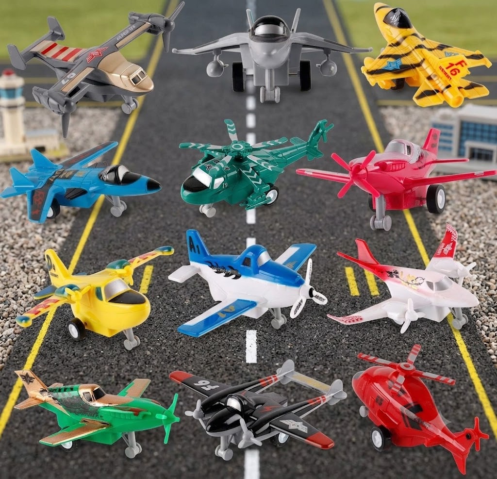 12 Pack Pull Back Airplane Toy Set – Fighter Jets, Helicopters & Aircraft