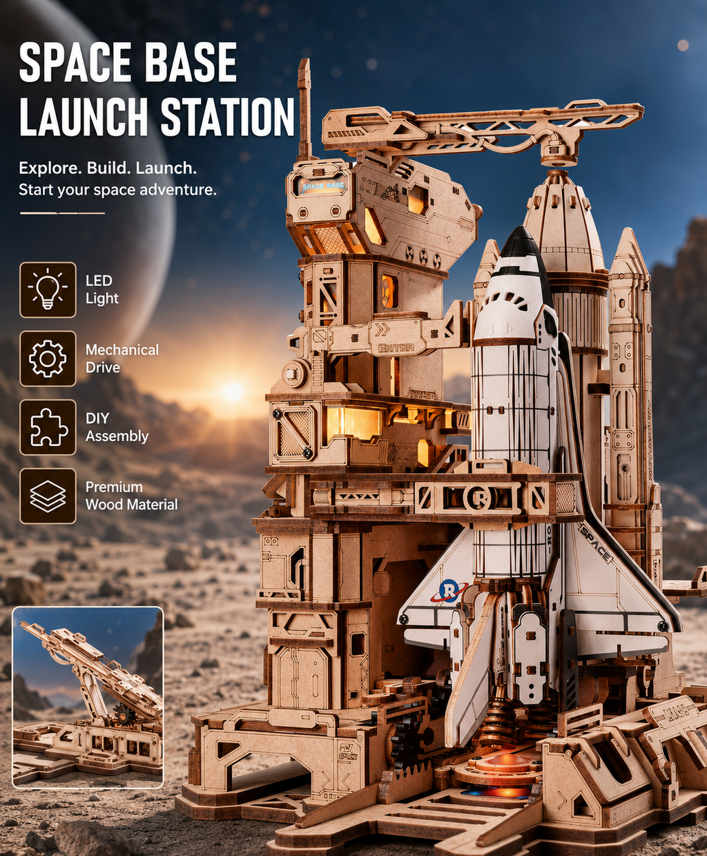 ROKR Space Shuttle 3D Wooden Puzzle with Interactive LED Launch Sequence