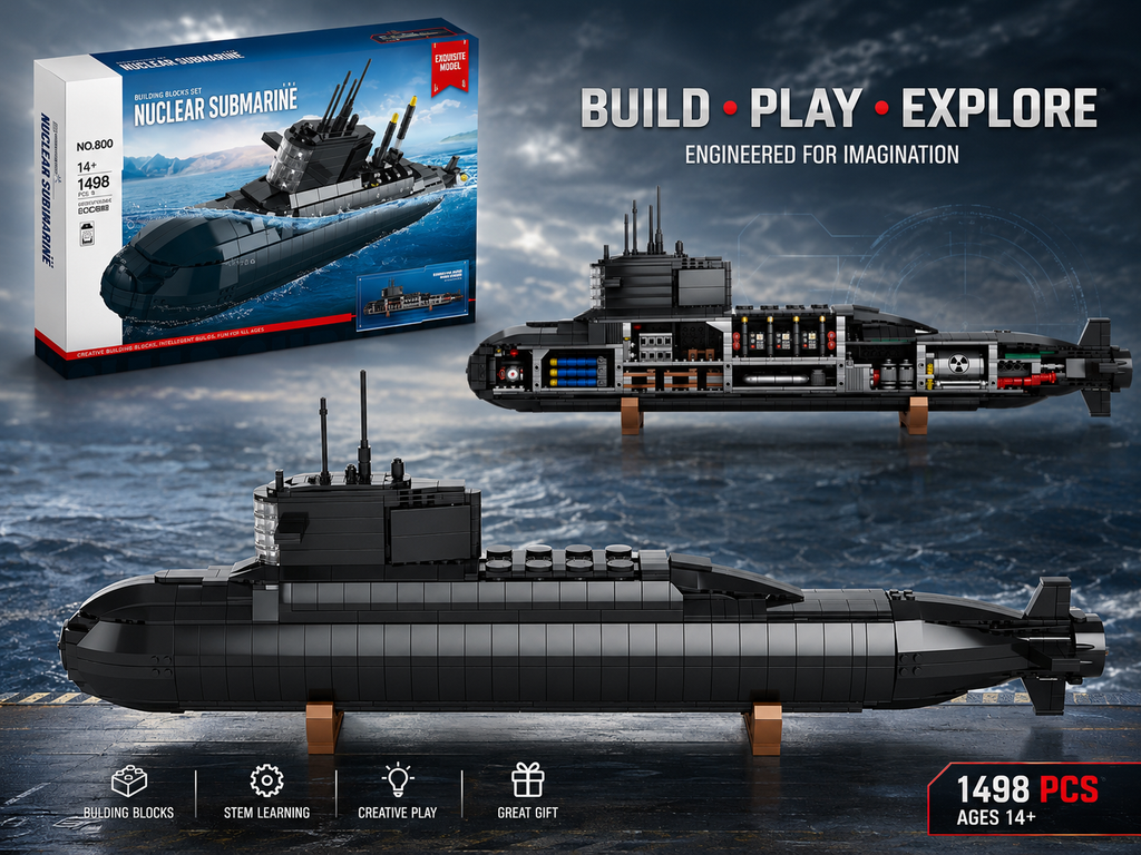 Nuclear Submarine Building Block Set with Lights – 1,498 Pieces
