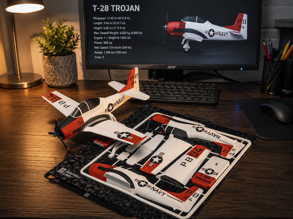 T-28 Trojan Navy Kit Card 3D Printed Aircraft Model Kit | Snap Fit Desk Display | DIY Plane Gift