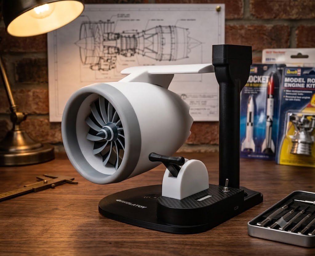 Jet Engine Desk Fan with Wireless Charger – LED Turbofan Desktop Gadget (Blue)