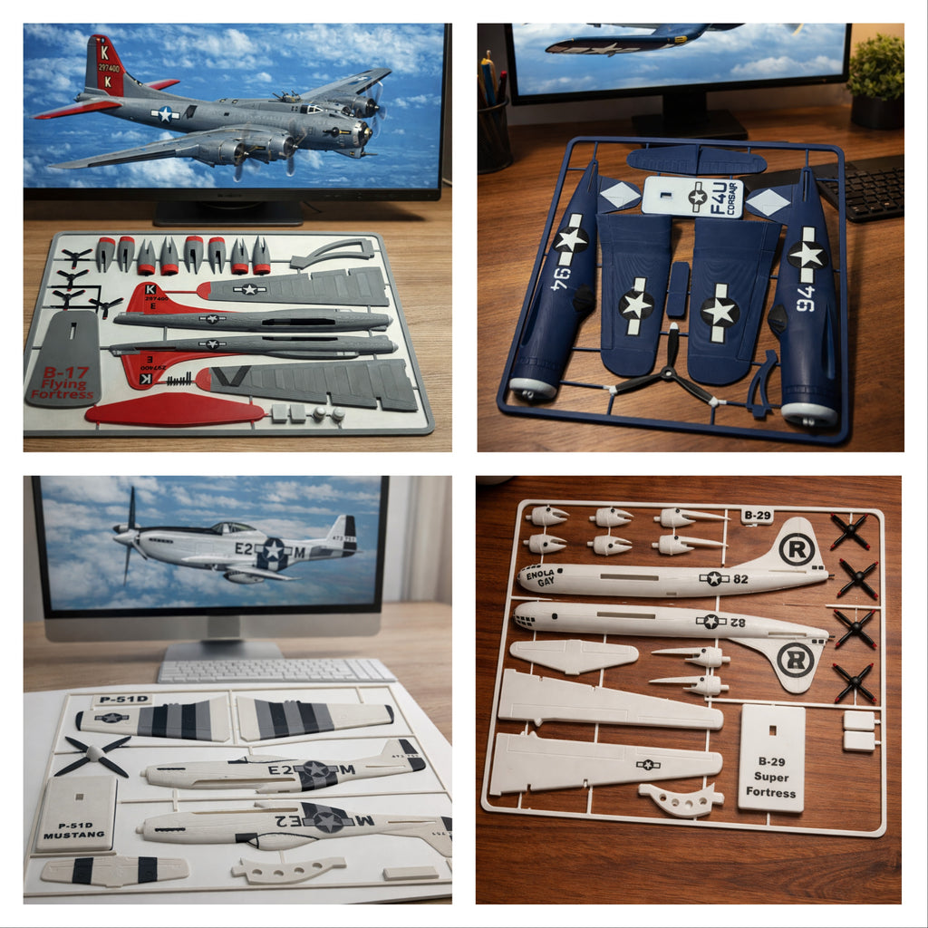 WWII Aircraft Bundle 3D Printed Model Kit Collection – B-17, B-29, P-51, F4U Corsair & A6M Zero