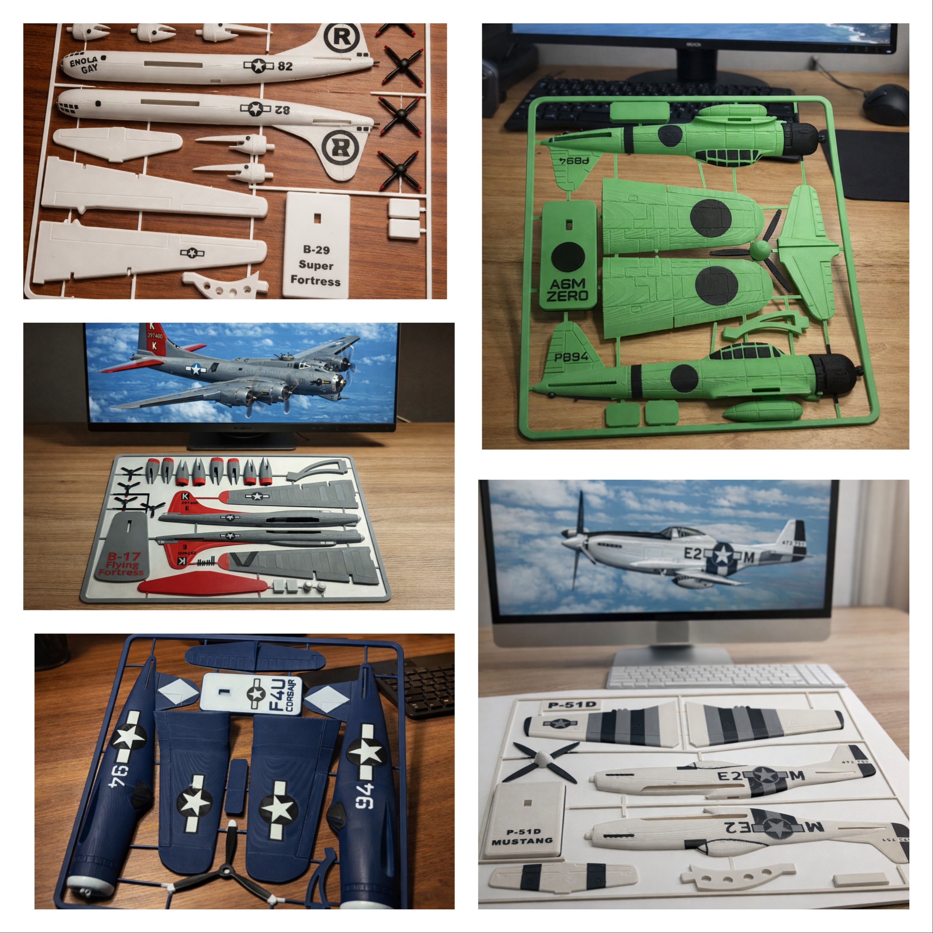 WWII Aircraft Bundle 3D Printed Model Kit Collection – B-17, B-29, P-51, F4U Corsair & A6M Zero