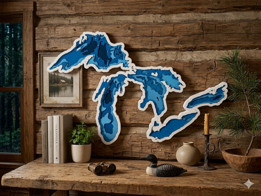 Great Lakes Layered Wall Art – 3D Printed Michigan Lake Map Decor