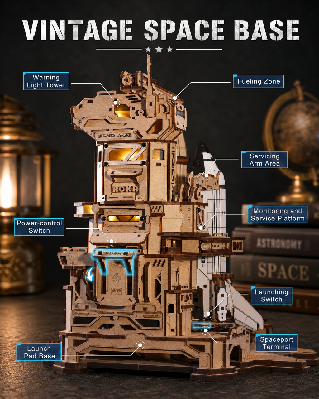 ROKR Space Shuttle 3D Wooden Puzzle with Interactive LED Launch Sequence