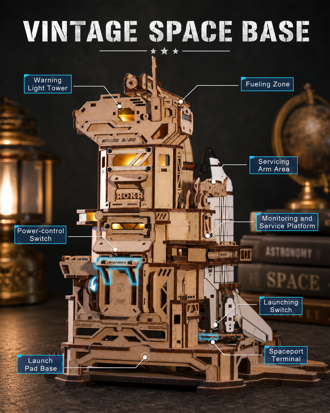 ROKR Space Shuttle 3D Wooden Puzzle with Interactive LED Launch Sequence