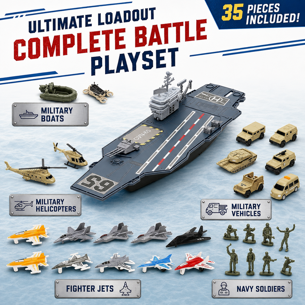 33-Inch Military Aircraft Carrier Mega Playset with Fighter Jets & Army Vehicles