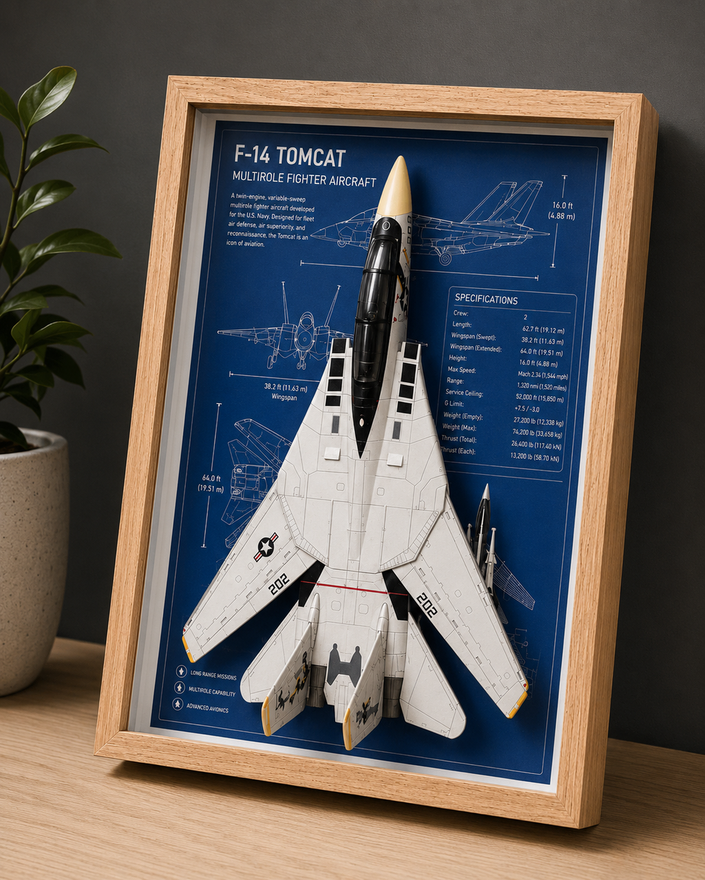 F-14 Tomcat 3D Aircraft Shadow Box Frame – Fighter Jet Blueprint Wall Art