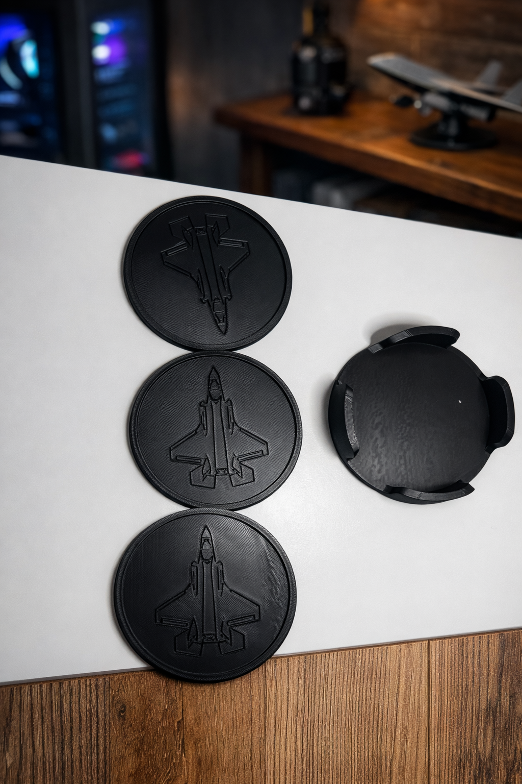 Fighter Jet Coaster Set Fighter Jet Coaster Set – 3D Printed Aviation Drink Coasters – Military Aircraft Desk & Bar Decor – Airplane Coaster Holder Set