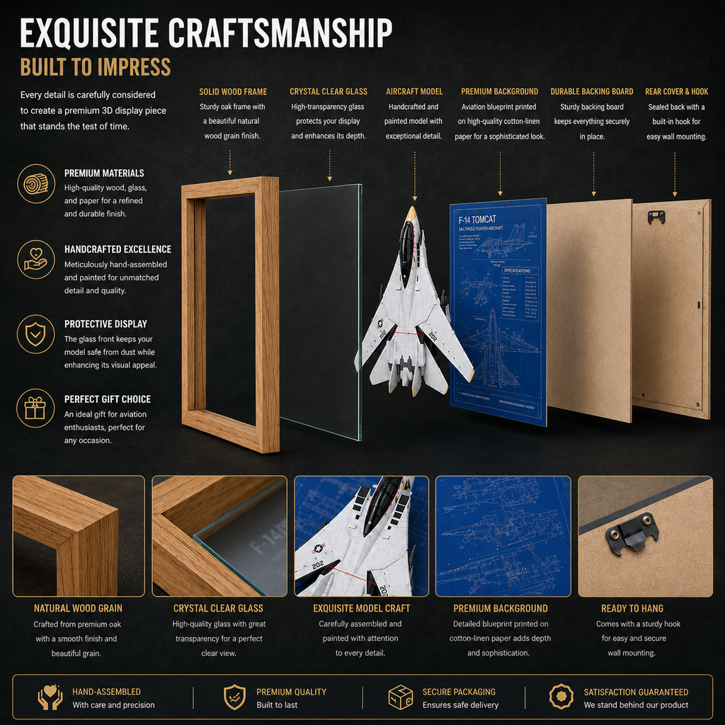 F-14 Tomcat 3D Aircraft Shadow Box Frame – Fighter Jet Blueprint Wall Art