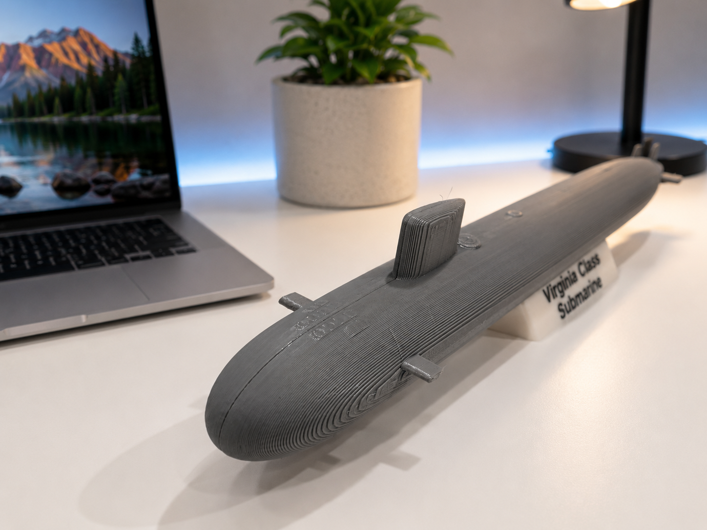 Virginia Class Submarine 3D Printed Model Kit Card with Display Stand | DIY Snap-Together Navy Submarine