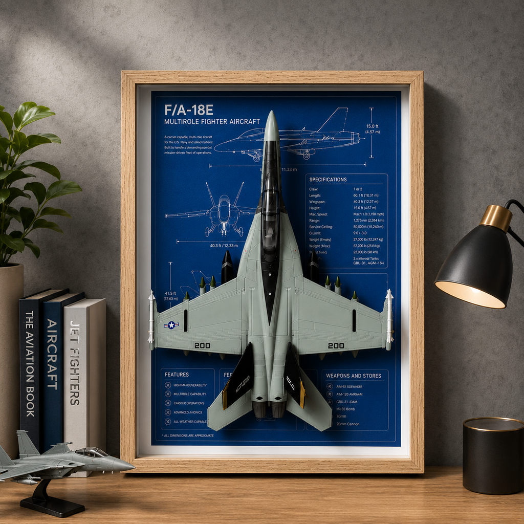F-18 Hornet 3D Aircraft Shadow Box Frame – Fighter Jet Blueprint Wall Art