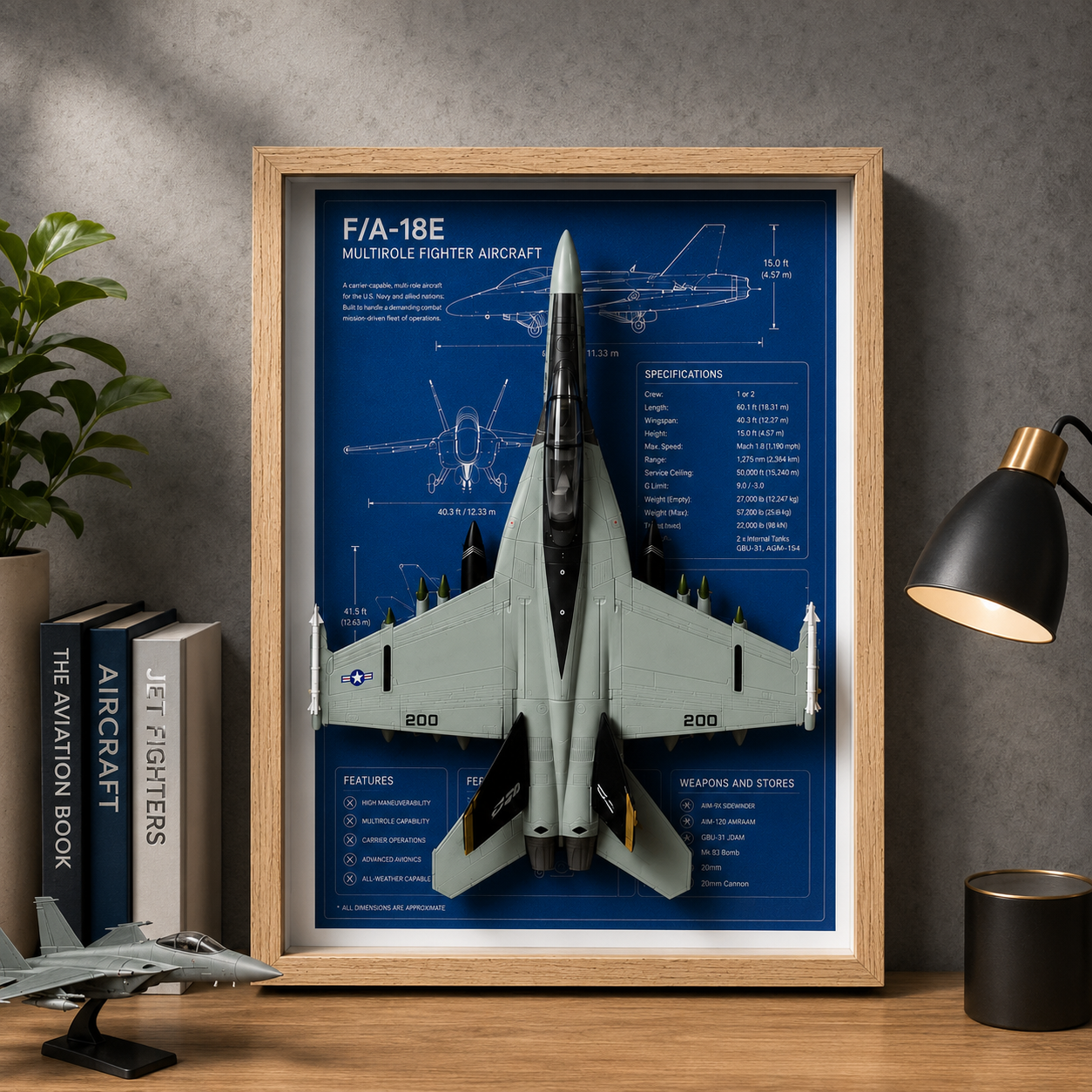 F-18 Hornet 3D Aircraft Shadow Box Frame – Fighter Jet Blueprint Wall Art