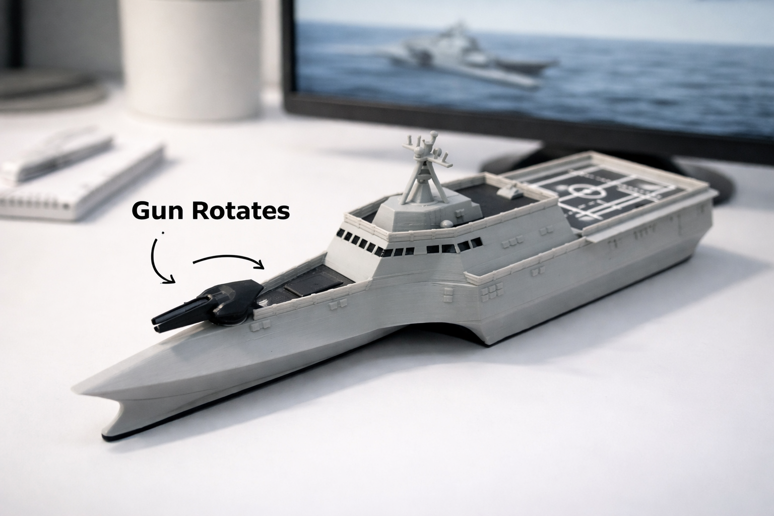 USS Littoral Combat Ship 3D Printed Display Model – Rotating Gun Naval Warship Decor