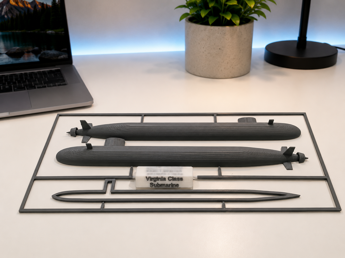 Virginia Class Submarine 3D Printed Model Kit Card with Display Stand | DIY Snap-Together Navy Submarine