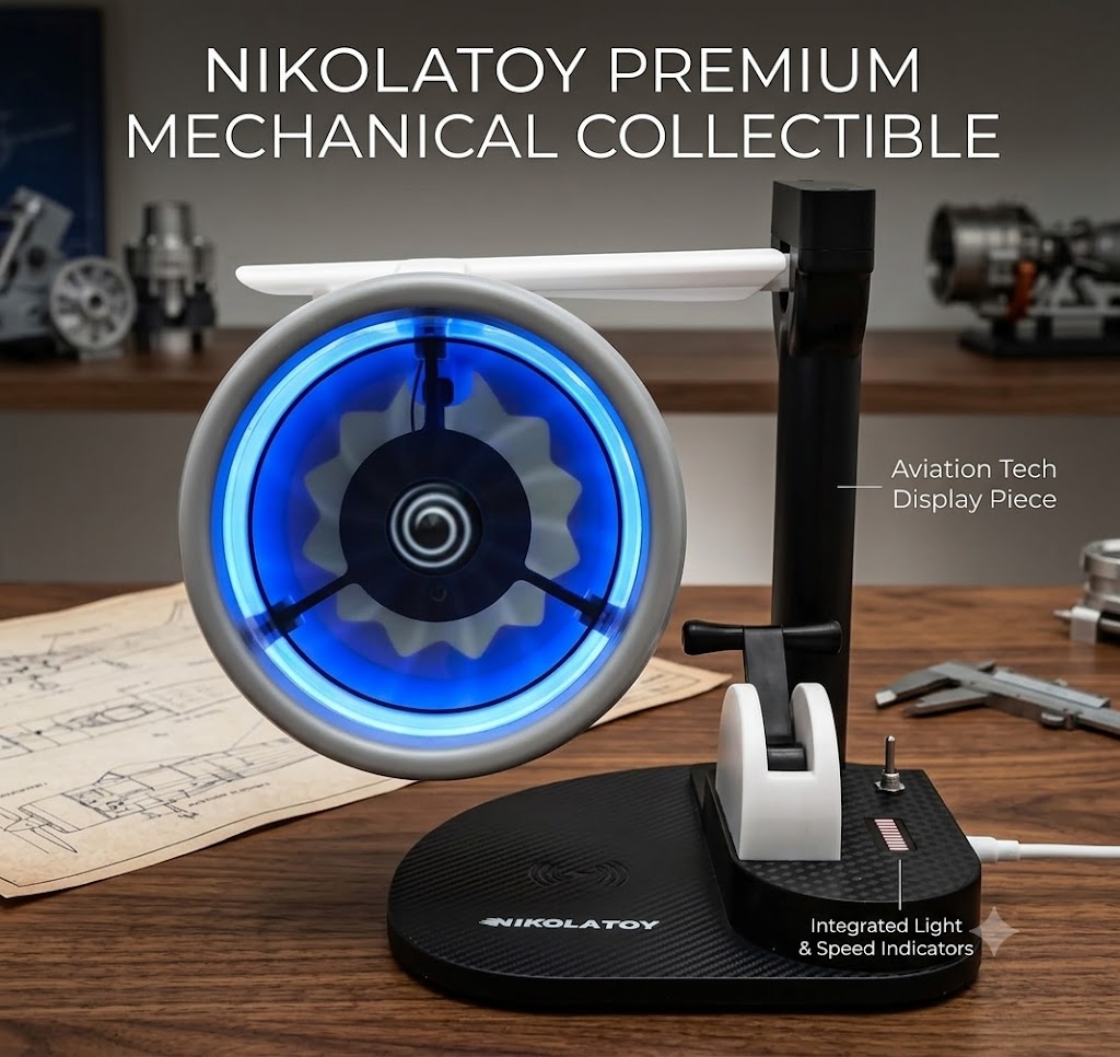 Jet Engine Desk Fan with Wireless Charger – LED Turbofan Desktop Gadget (Blue)
