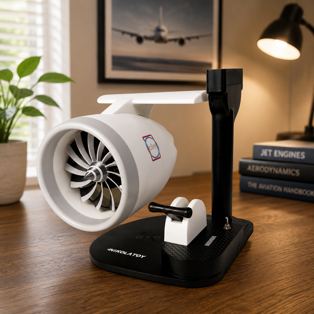Jet Engine Desk Fan with Wireless Charger – LED Turbofan Desktop Gadget (Blue)