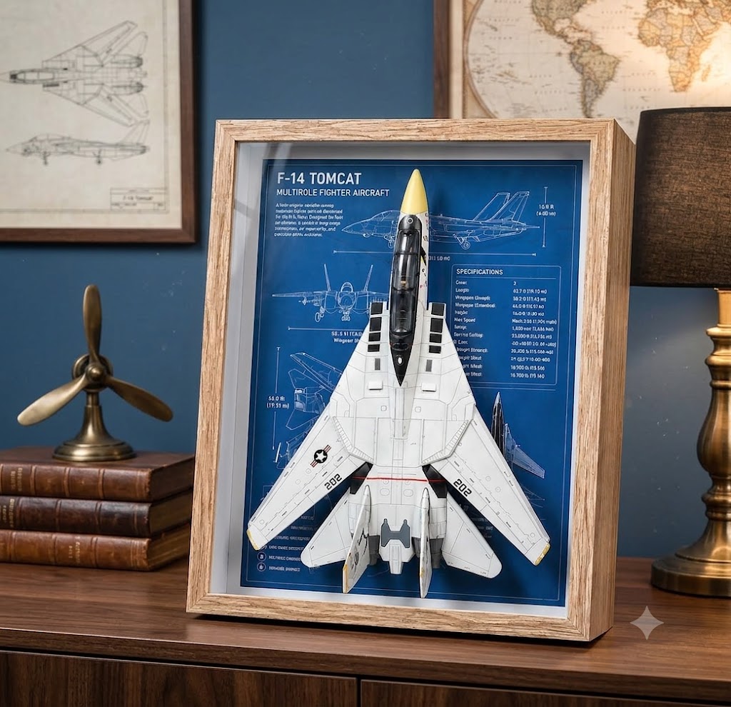 F-14 Tomcat 3D Aircraft Shadow Box Frame – Fighter Jet Blueprint Wall Art
