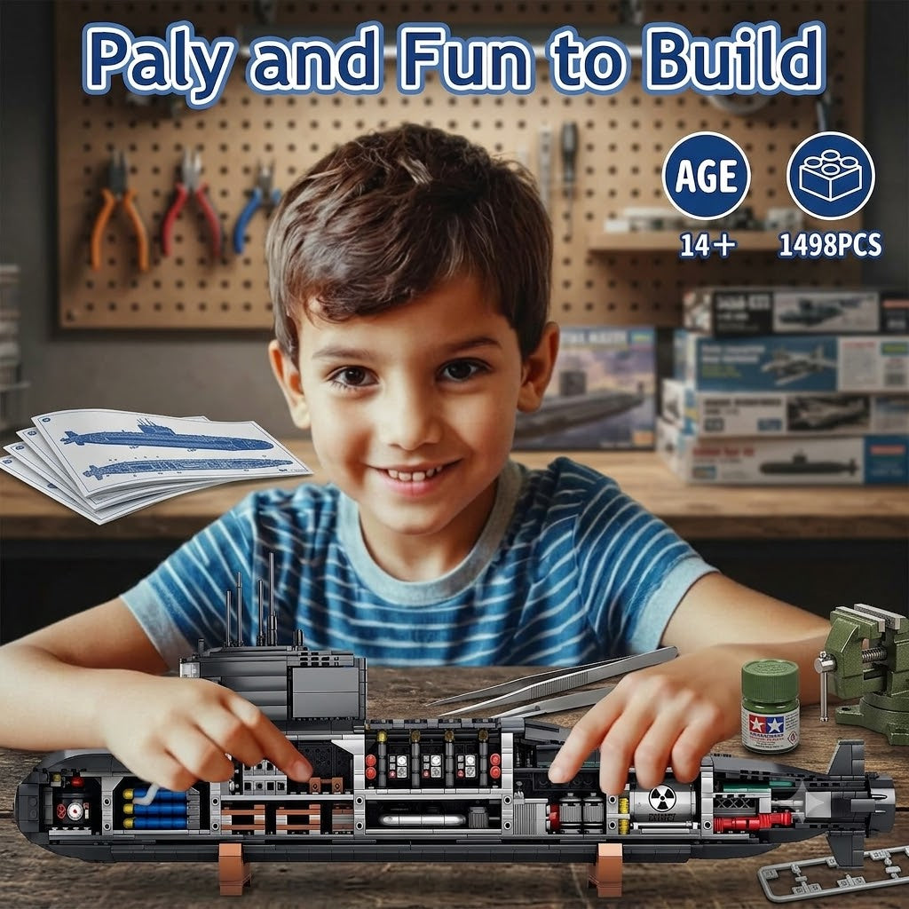 Nuclear Submarine Building Block Set with Lights – 1,498 Pieces