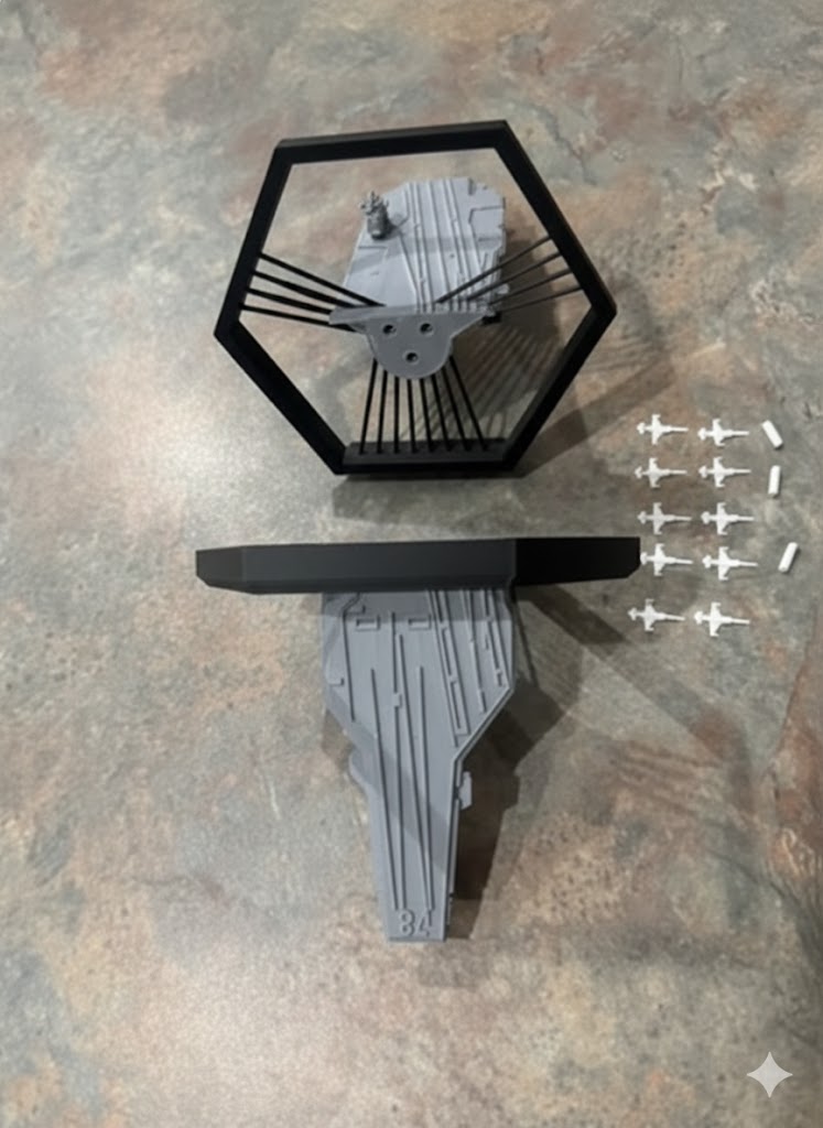 Sci-Fi Aircraft Carrier 3D Printed Model Kit Sci-Fi Aircraft Carrier 3D Printed Model Kit – Futuristic Space Navy Display – Mini Jet Aircraft Included – DIY Military Carrier Build