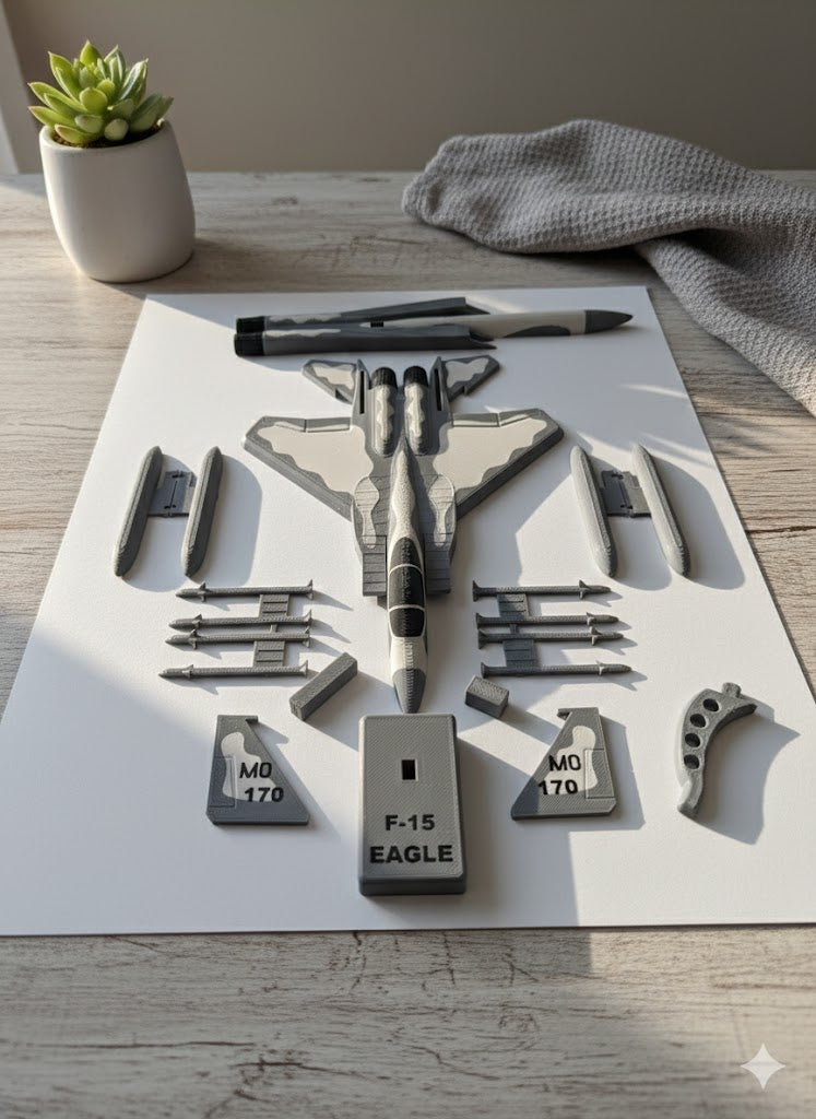 F-15 Eagle 3D Printed Aircraft Model Kit – White & Gray Fighter Jet Edition